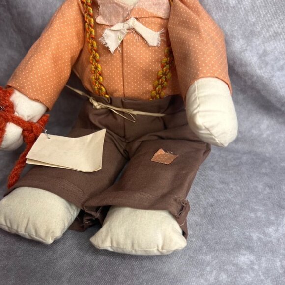 VTG Handmade Rag Doll Orange Dot Shirt Suspenders Toy Slingshot in Rear Pocket - Picture 4 of 9